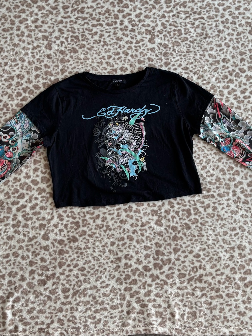 Ed Hardy Black Crop Long Sleeve Tee with Multicolor Mesh “tattoo” Sleeves